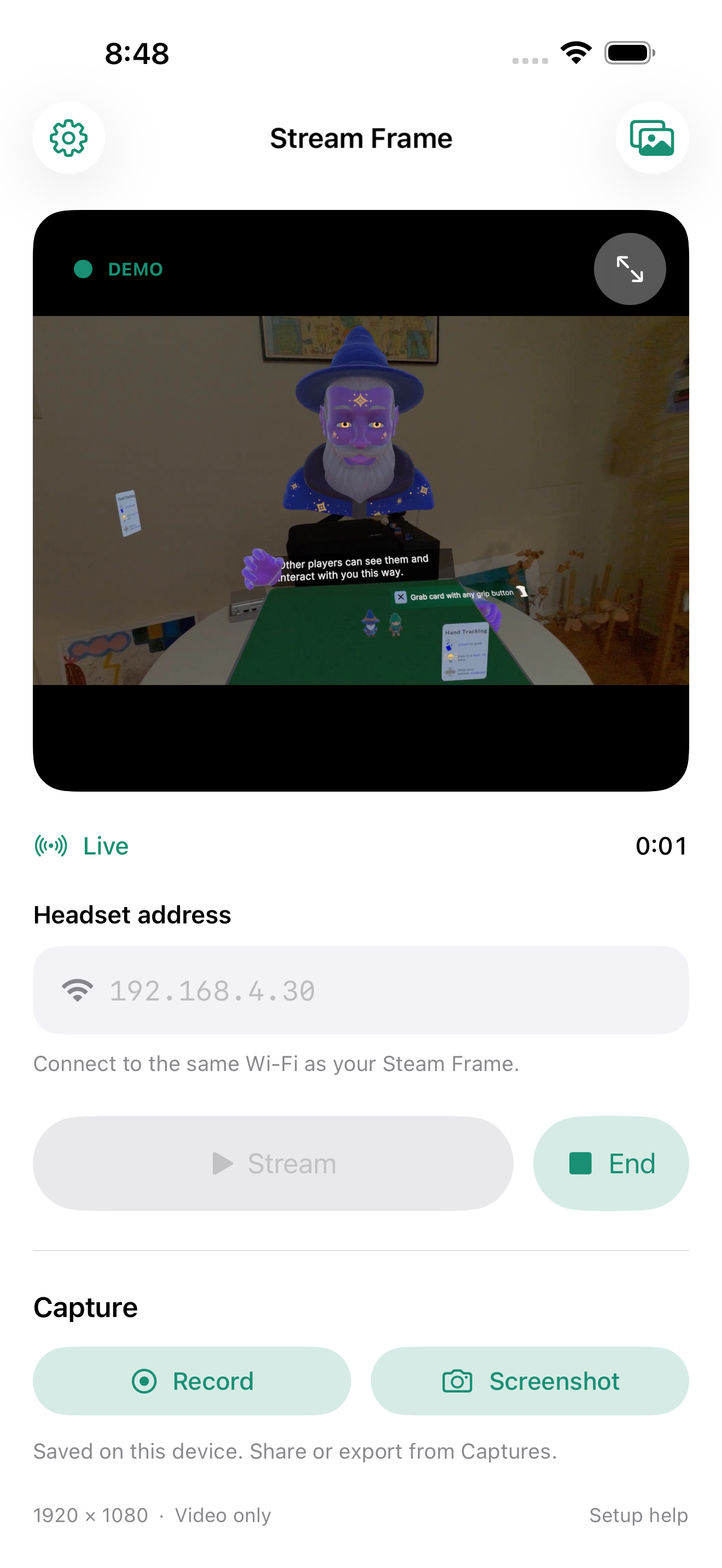 Stream Frame on iPhone showing the sample headset video, Stream and End buttons, and separate Record and Screenshot controls.