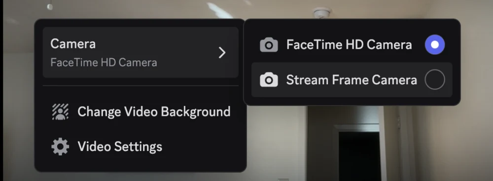 Discord’s Camera menu showing Stream Frame Camera as an available camera alongside FaceTime HD Camera.